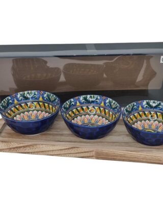 מגש עץ מגולף ארוך+3 קערות 15 סמ.