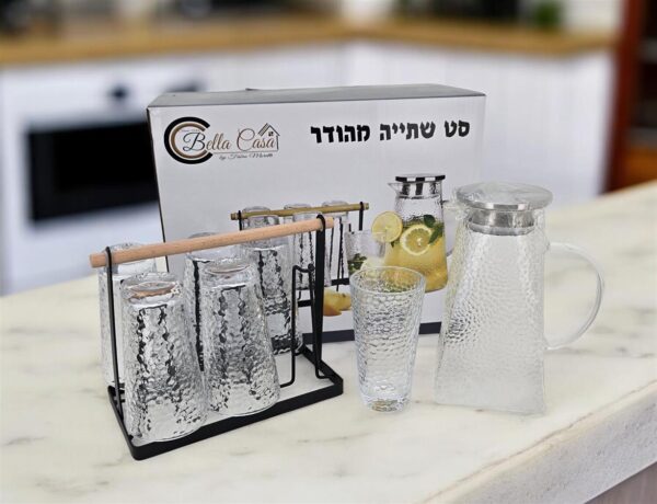 סט שתייה קנקן עם 6 כוסות+מעמד מתכת 30*20*38