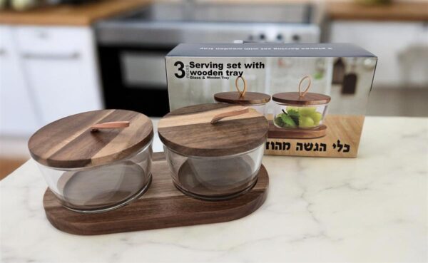 קברט 2 קעריות עם מכסים+מעמד עץ 6*12*22