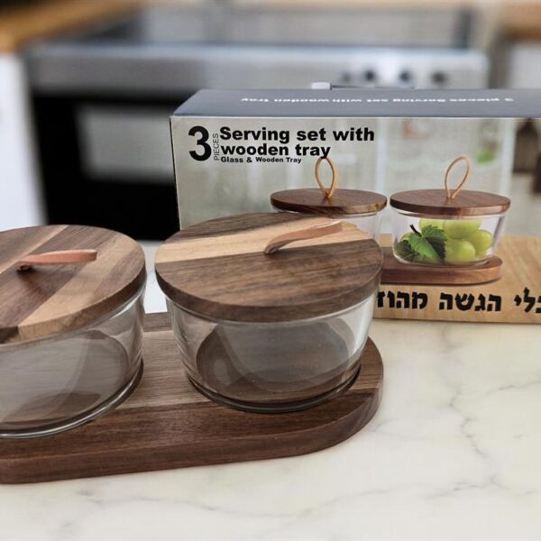 קברט 2 קעריות עם מכסים+מעמד עץ 6*12*22