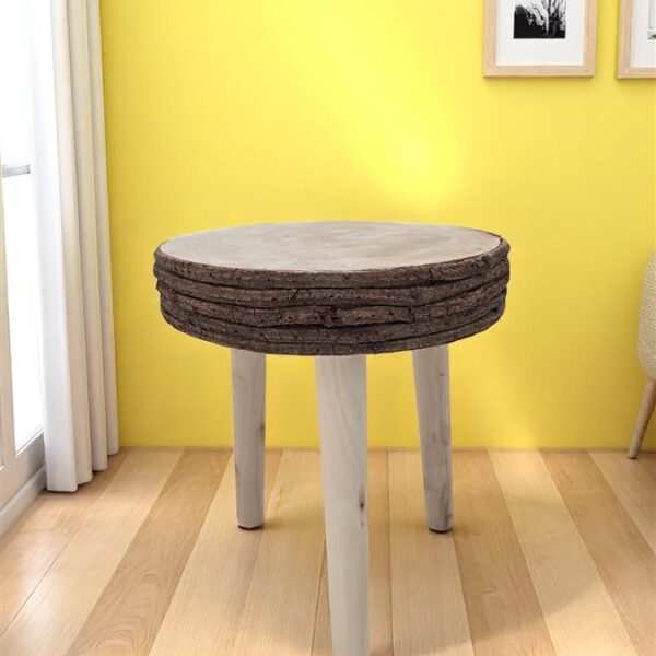 מעמד 3 רגליים עץ מגולף עם קליפת עץ 32*30