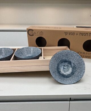 מגש עץ מגולף מלבני+3 קערות 15 סמ. ק.מתנה