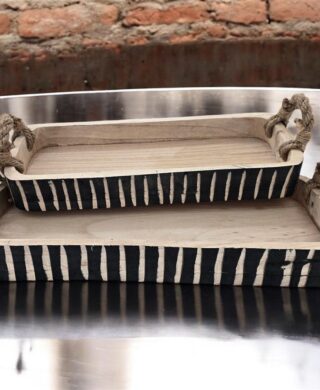 מגש מלבני פסים עם ידיות חבל עץ מגולף 6*23*51