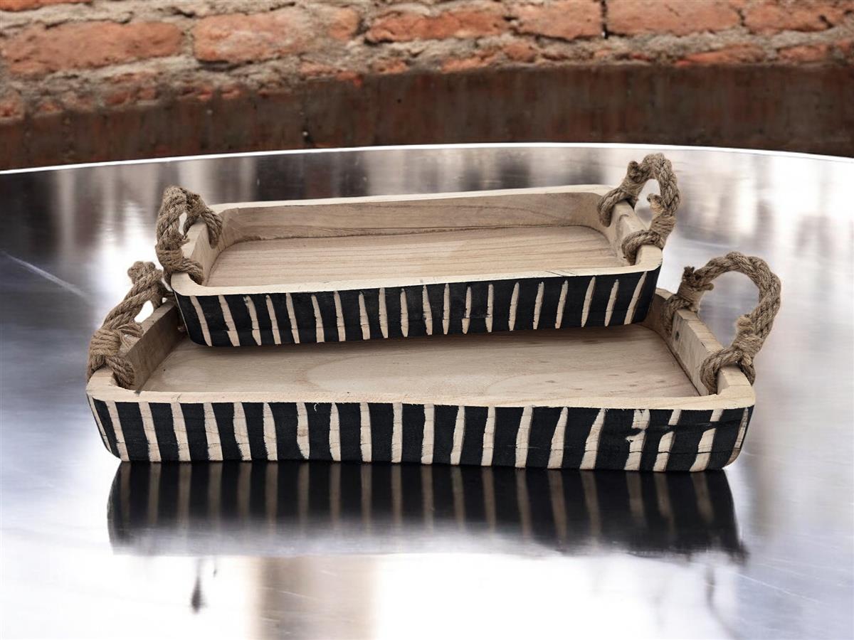 מגש מלבני פסים עם ידיות חבל עץ מגולף 6*23*51