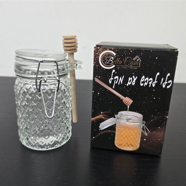 צנצנת לדבש עם מקל עץ בקופסת מתנה