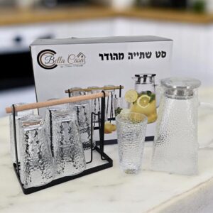 סט שתייה קנקן עם 6 כוסות+מעמד מתכת 30*20*38