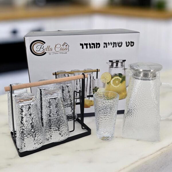 סט שתייה קנקן עם 6 כוסות+מעמד מתכת 30*20*38