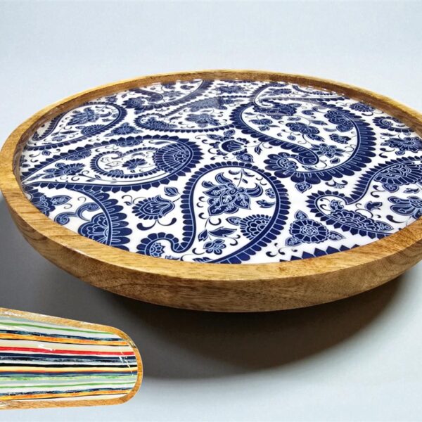 מגש עץ עגול אמייל כחול 7*30