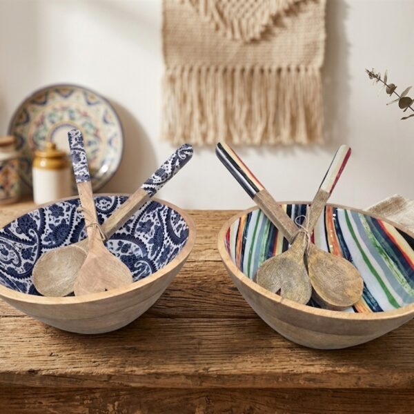 קערת עץ עם כפות אמייל כחול