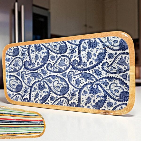 מגש עץ מלבני אמייל כחול 20*40